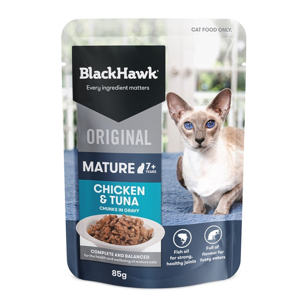 BLACKHAWK CAT WET MATURE 7+ CHICKEN TUNA IN GRAVY INDIVIDUAL 85G SATCHETS